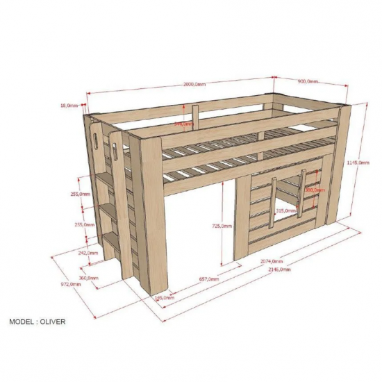 Vipack Poolkõrge voodi Oliver 90x200 cm (mänd)